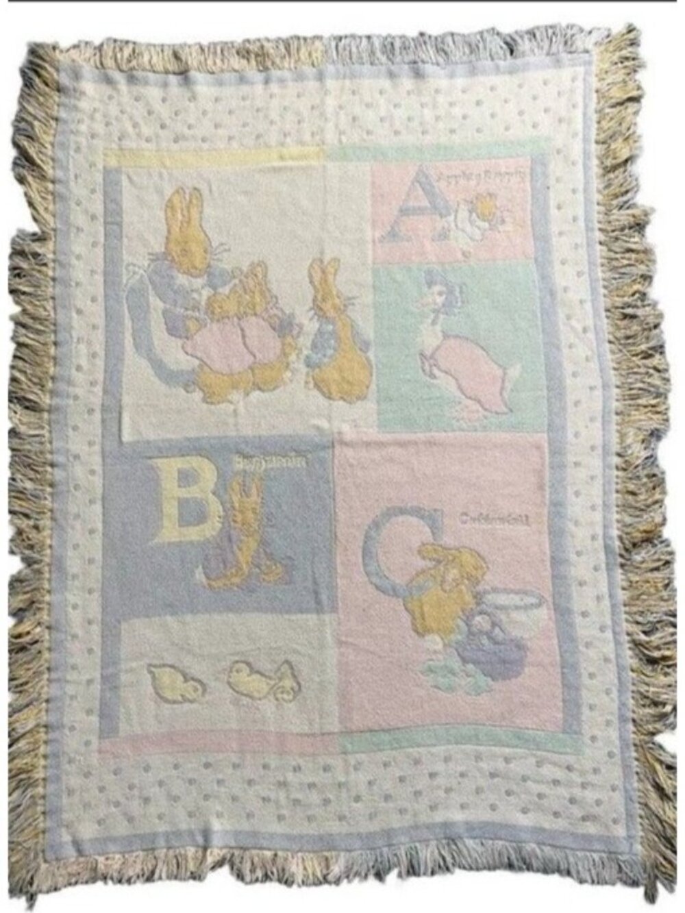 Beatrix Potter Quiltex Alphabet Baby Blanket Pastel Colors Fringe Edge 100% Cott